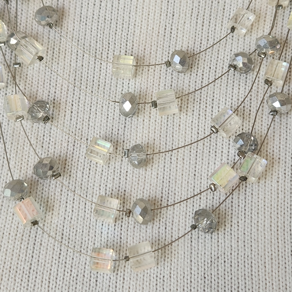 Designer Silver tone Multi-Strand Iridescent and Silver Bead Necklace